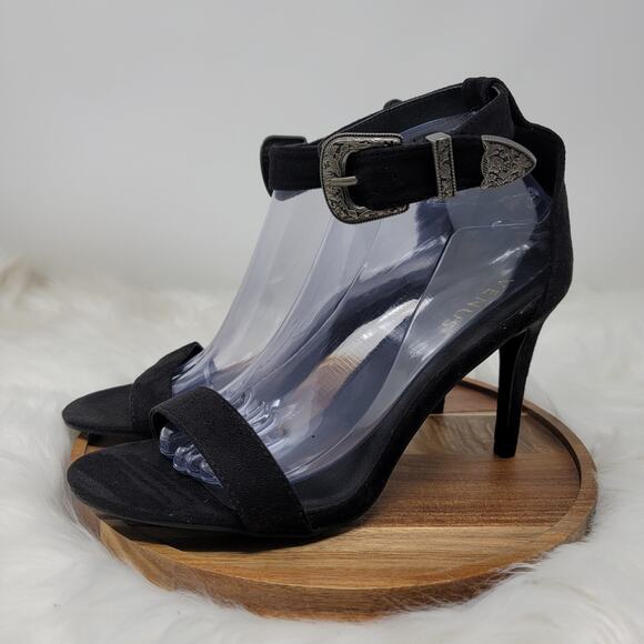 Venus Women's Black Suede Open Toe 4" Heels Western Buckle Accent 9.5 - Picture 1 of 7